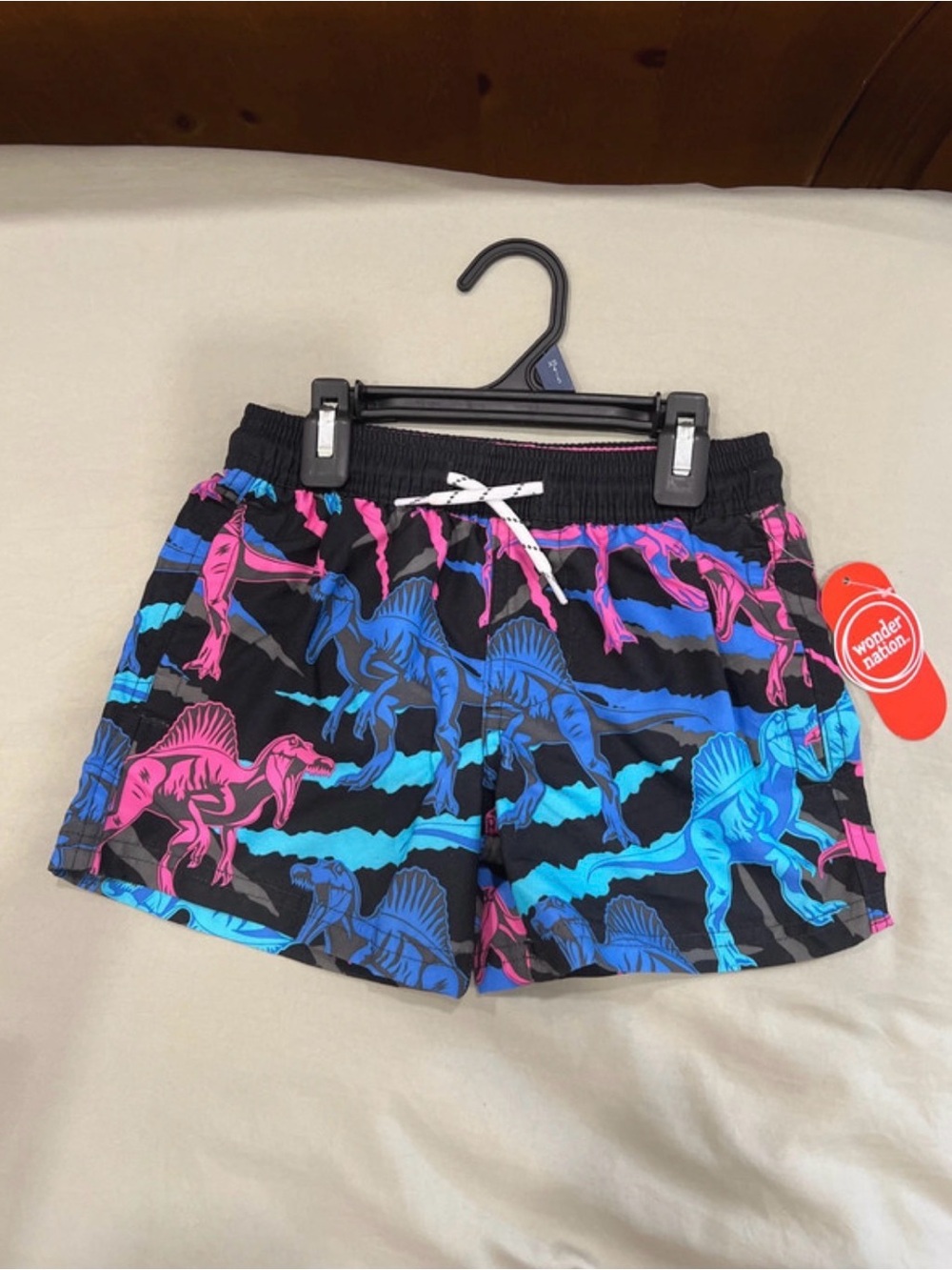 wonder nation Black Swim Shorts with Neon Blue & Pink Dino Print